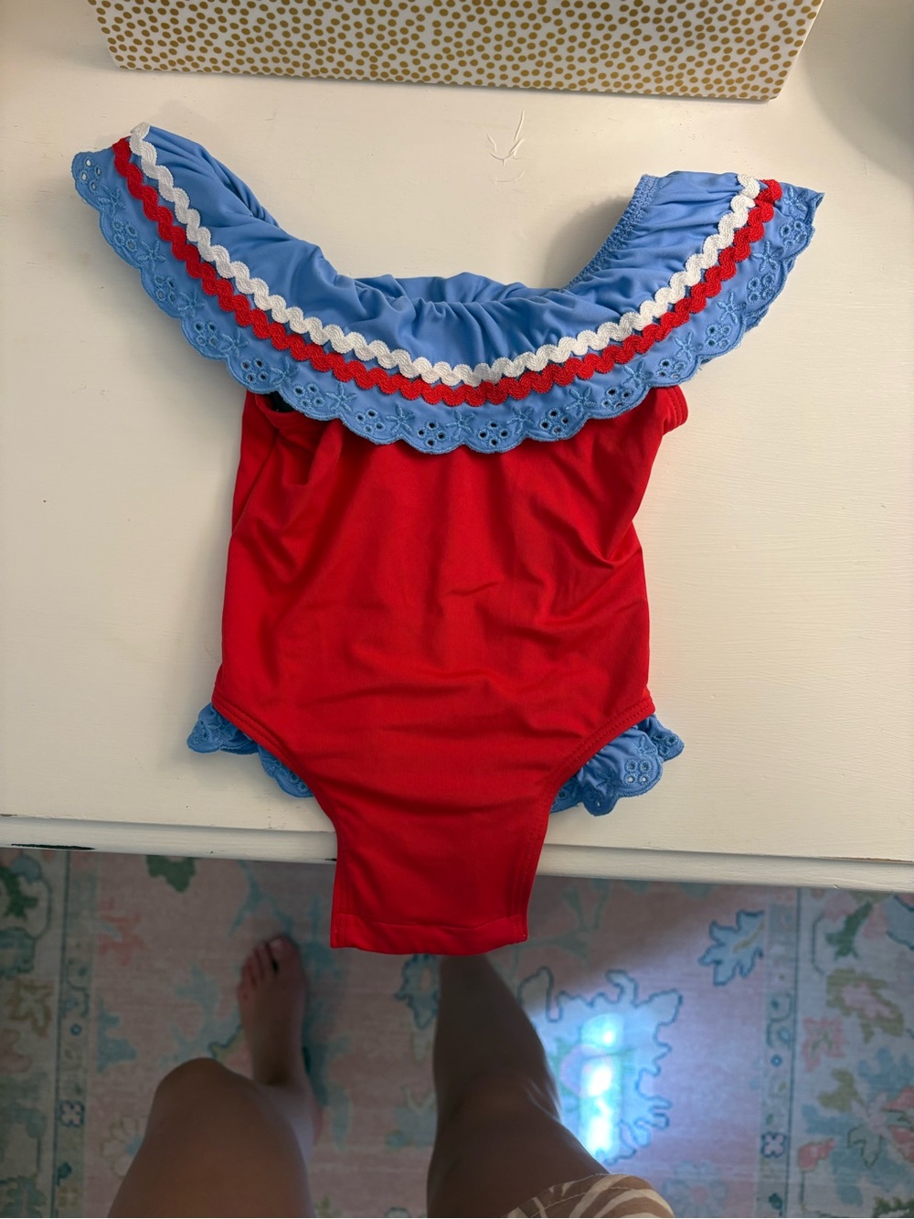 The Beaufort Bonnet Company Red One-Piece Swimsuit with Blue and White Ruffle